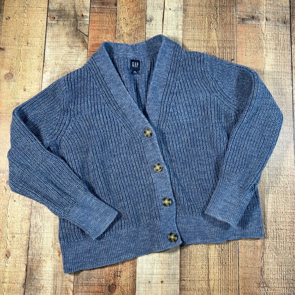 Gap Men's XXL Blue Chunky Ribbed Cotton Shawl Collar Cardigan Sweater Grandpa